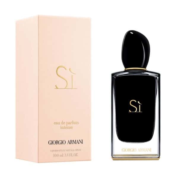Luxury black perfume bottle with gold accents for Armani Si Intense EDP 100ml.