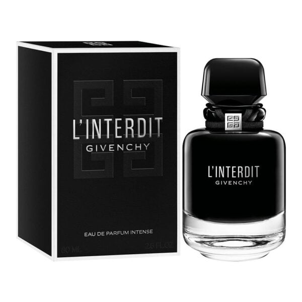 L'Interdit Intense Givenchy perfume bottle with black cap and box.