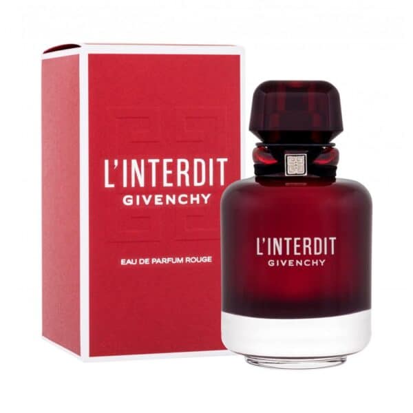 Elegant red perfume bottle with matching box for Givenchy L'Interdit Rouge fragrance.