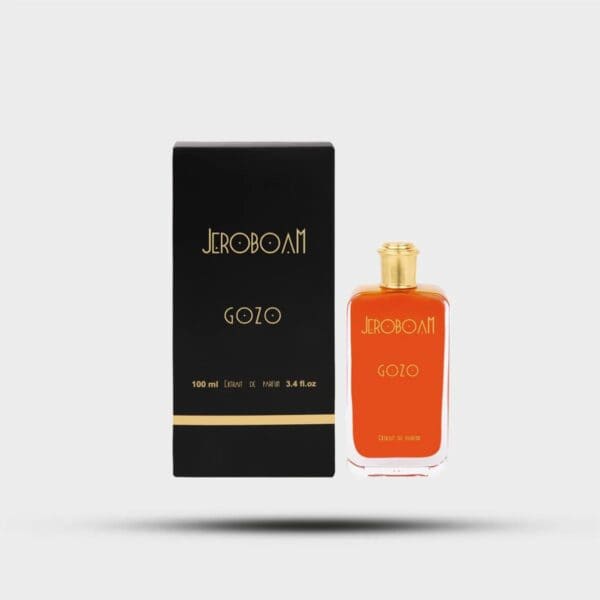 Extrait de parfum Jeroboam Gozo in elegant packaging, 100ml bottle with gold cap.