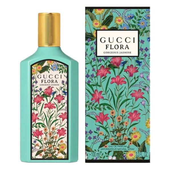 Elegant Gucci Flora Jasmine perfume bottle with floral design.