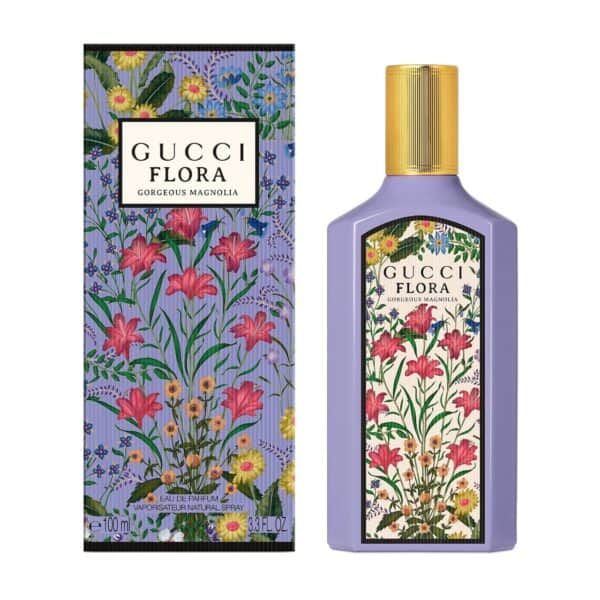 Elegant Gucci Flora Magnolia perfume bottle with floral design.