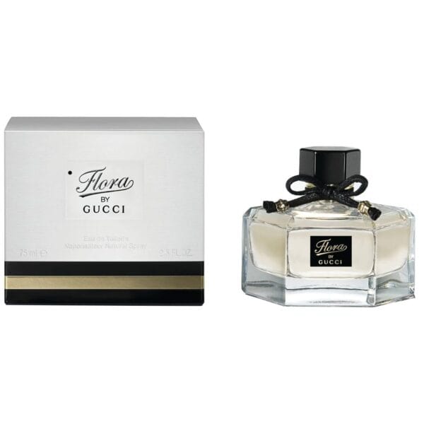 Elegant Gucci Flora by Gucci perfume with floral scent, 75ml, in a stylish glass bottle with black r.