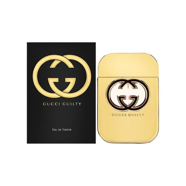 Elegant Gucci Guilty perfume bottle with gold finish and logo.