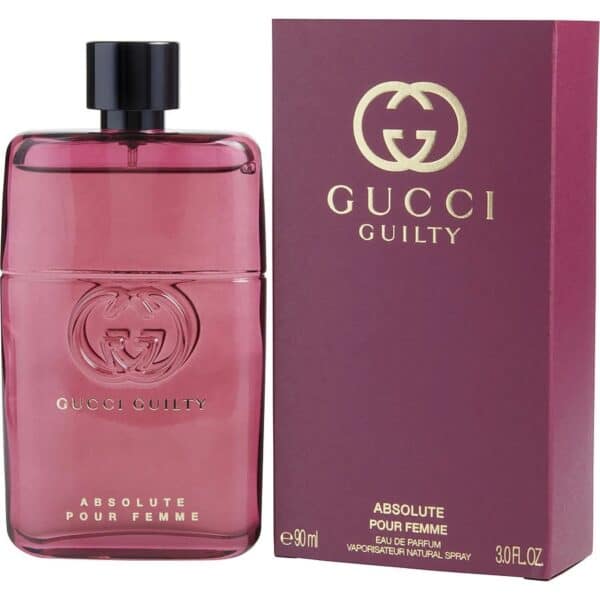 Elegant Gucci Guilty Absolute Pour Femme perfume bottle with pink liquid and black cap.