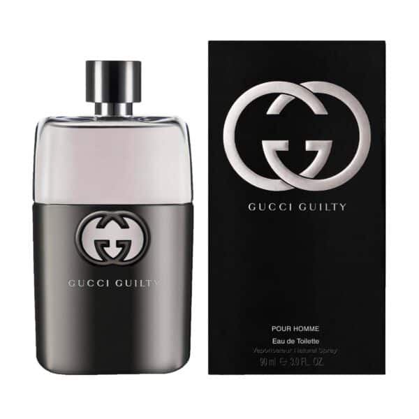 Elegant Gucci Guilty Pour Homme fragrance bottle with black packaging.