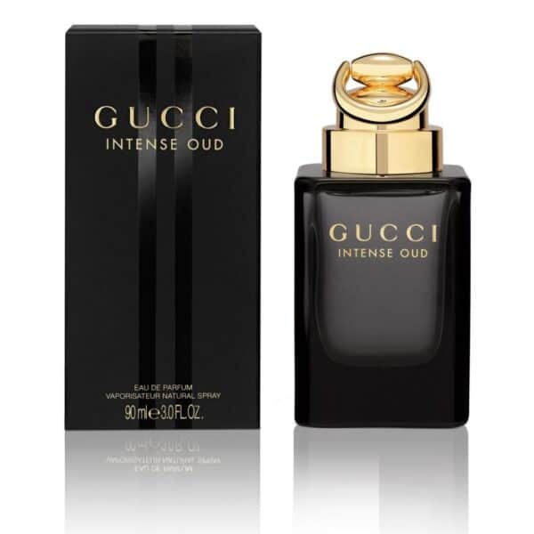 Gucci Intense Oud EDP 90ml bottle and box, luxurious fragrance for men and women.