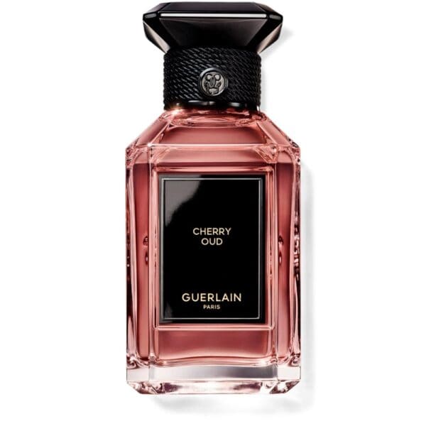Elegant Guerlain Cherry Oud perfume bottle with black cap and pink glass.