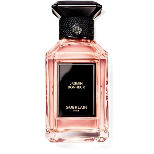 Elegant Guerlain perfume bottle with black cap and pink fragrance.