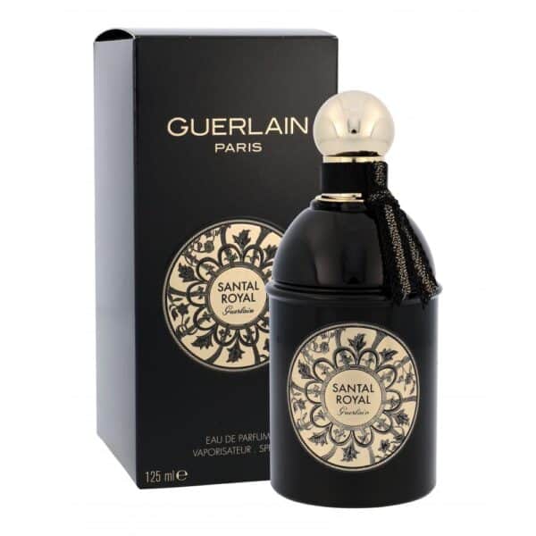 Elegant Guerlain Santal Royal perfume bottle with black and gold design.