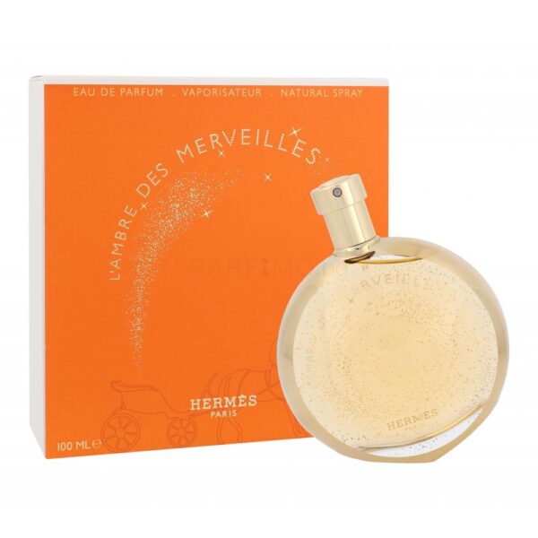 Hermès L’ambre Des Merveilles perfume bottle with orange packaging, 100ml size.