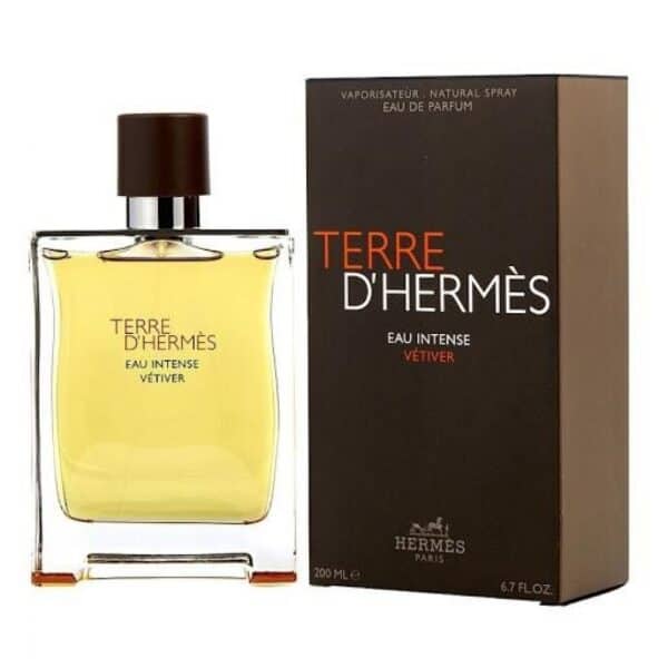 Elegant bottle of Terre d'Hermès Eau Intense Vetiver fragrance with packaging.