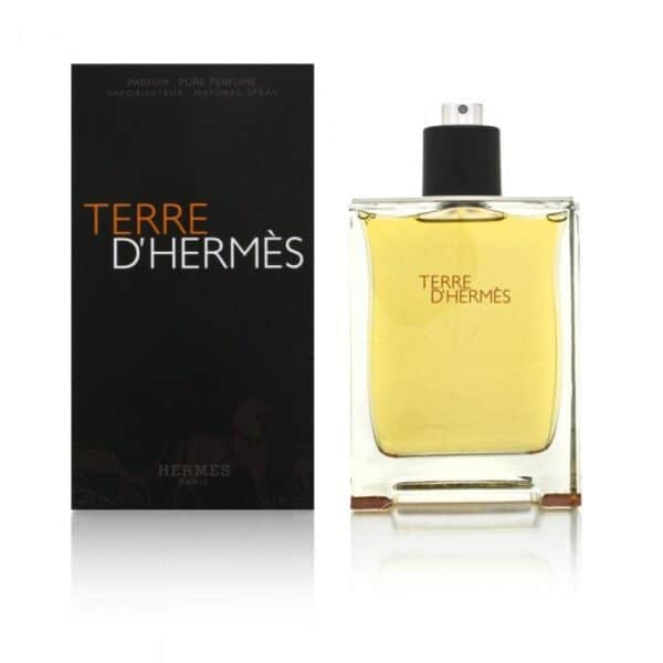 Hermès Terre D'Hermès perfume bottle with black cap and yellow fragrance, alongside its black packag.