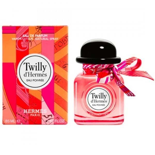 Hermès Twilly d'Hermès Poivrée perfume bottle with pink ribbon and box.