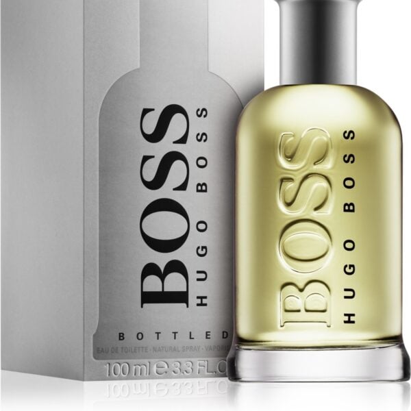 Hugo Boss Bottled EDT 100ml fragrance with sleek gold bottle and silver cap. Perfect for men seeking.