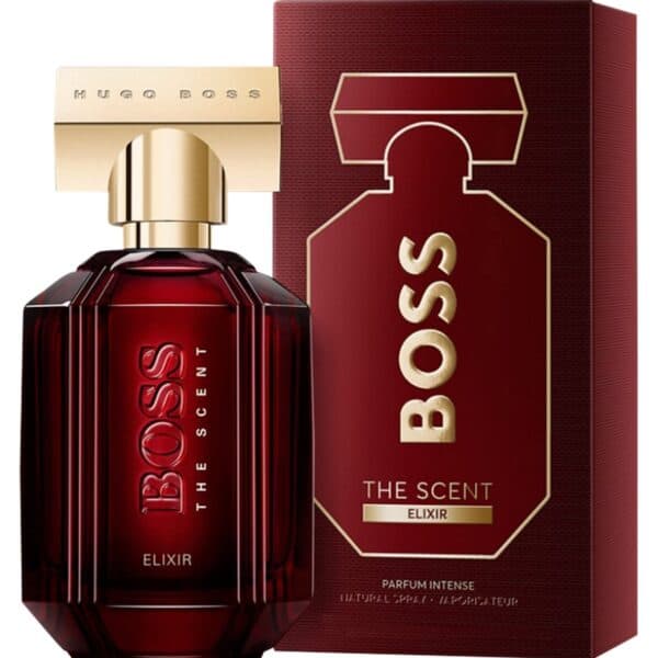 Hugo Boss The Scent Elixir perfume bottle with packaging, luxurious fragrance for men.