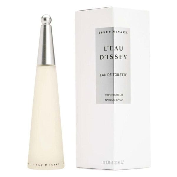 Elegant perfume bottle with silver cap and white packaging.