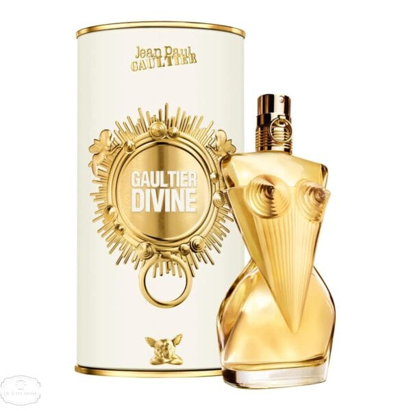 Elegant Gaultier Divine perfume bottle with gold accents and unique design.