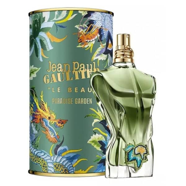 Le Beau Paradise Garden perfume bottle with floral and dragonfly design.