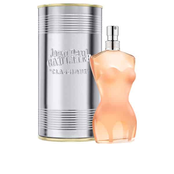 Jean Paul Gaultier Le Classique perfume bottle with metallic packaging and peach-colored bottle desi.