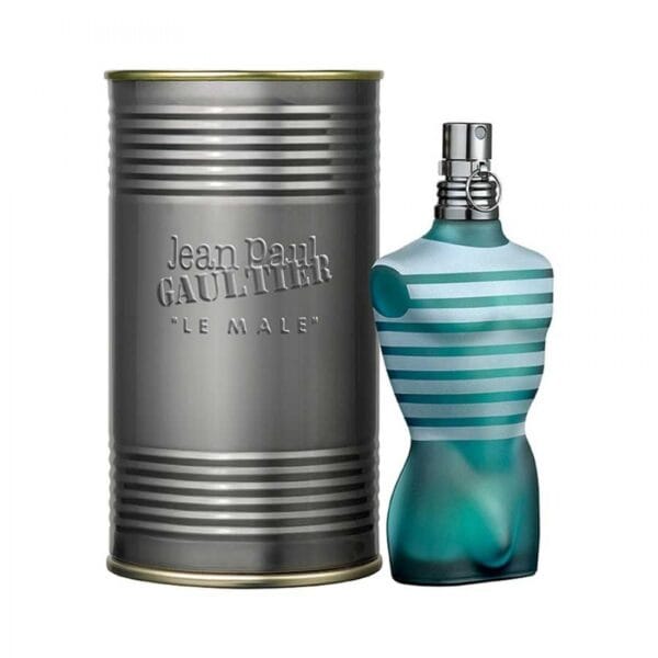 Jean Paul Gaultier Le Male perfume bottle with packaging, masculine fragrance.