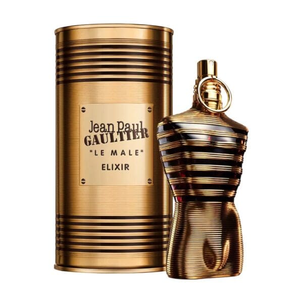 Jean Paul Gaultier Le Male Elixir perfume bottle with gold and black striped design.