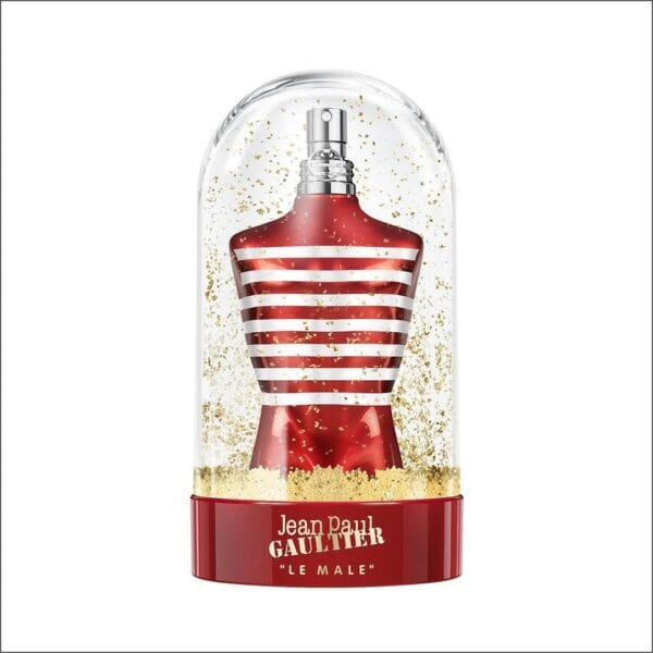 Jean Paul Gaultier Le Male X-Mas Edition perfume bottle in a festive display.