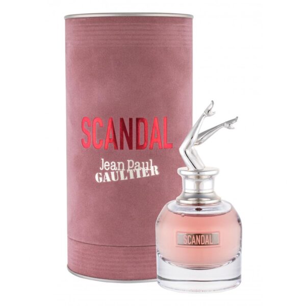 Elegant Jean Paul Gaultier Scandal perfume bottle with pink packaging.