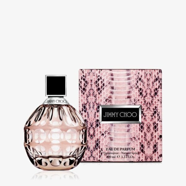 Elegant Jimmy Choo EDP 100ml perfume with pink snake skin packaging for women.
