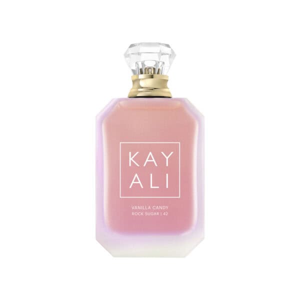 Kayali Vanilla Candy Rock Sugar 42 EDP perfume bottle with pink hue and crystal cap.