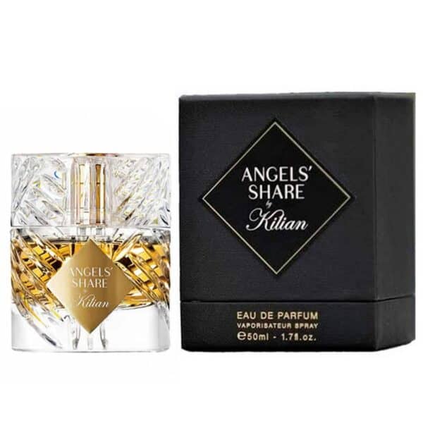 Elegant Kilian Angels Share EDP 50ml fragrance in a crystal bottle with gold accents, presented in a.
