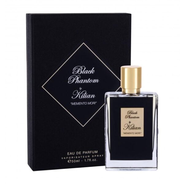 Kilian Black Phantom Memento Mori perfume bottle with black and gold design.