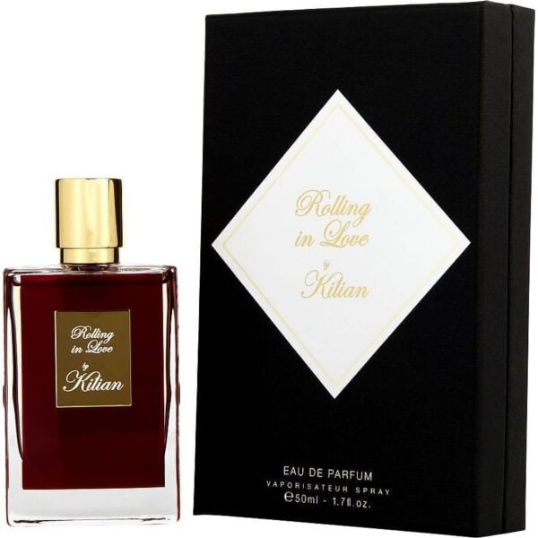 Elegant Kilian Rolling in Love perfume bottle with black packaging.