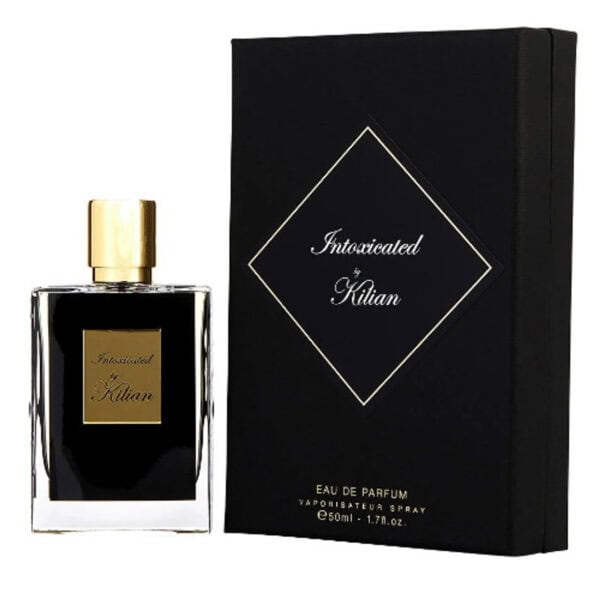 Elegant Kilian Intoxicated perfume bottle with black and gold design.