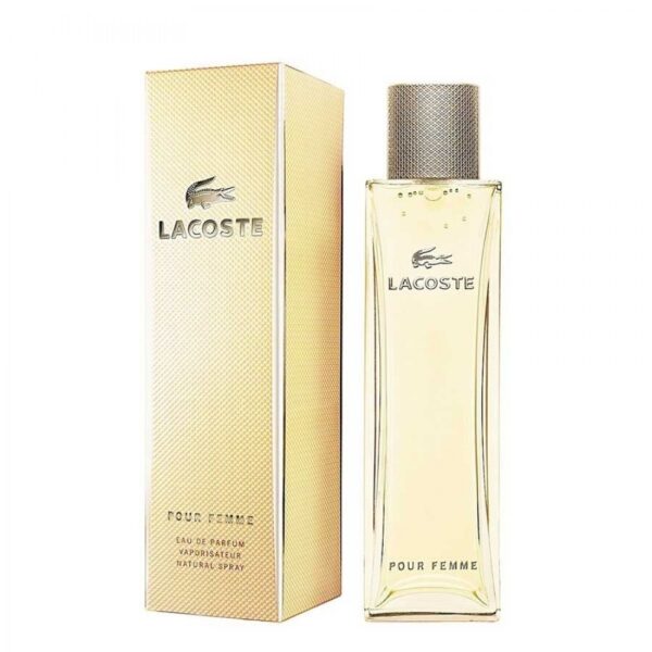 Lacoste Pour Femme EDP 90ml perfume bottle with packaging, elegant and fresh fragrance.