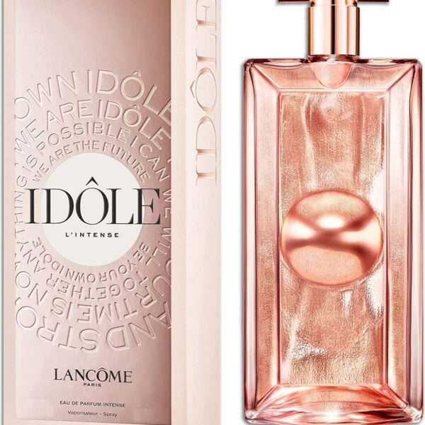 Elegant Lancome Idole L'Intense perfume bottle with pink hue and metallic accents.