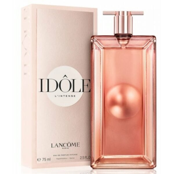 Lancome Idole L'Intense perfume bottle with pink hue and elegant packaging.