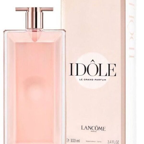 Elegant Lancôme Idole perfume bottle with soft pink fragrance, 100ml size.