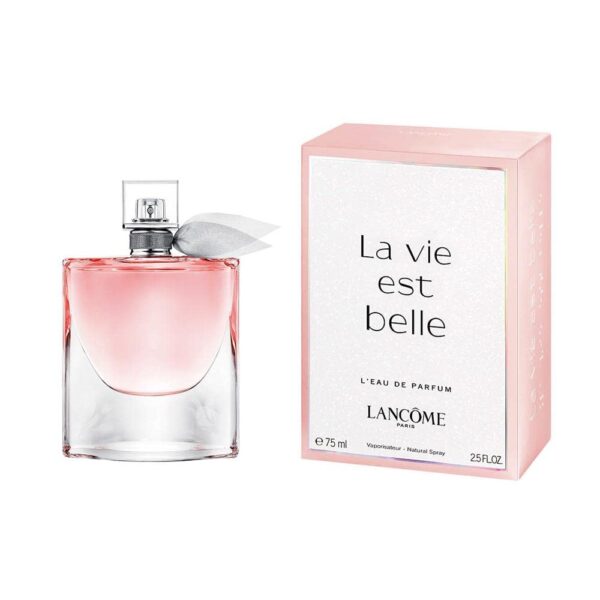 Lancôme La Vie Est Belle perfume bottle with pink liquid and elegant packaging.