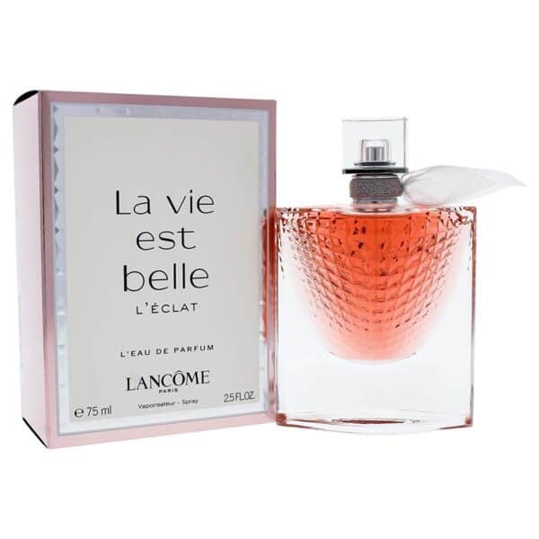 Lancome La Vie Est Belle Eclat perfume bottle with pink liquid and elegant packaging.