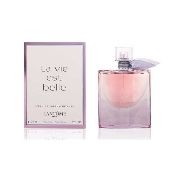 Elegant Lancome La Vie Est Belle Intense perfume bottle with pink fragrance and stylish packaging.