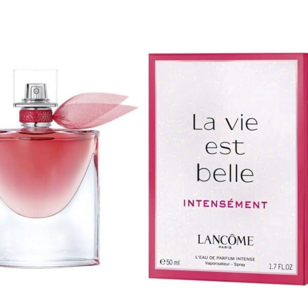 Elegant La Vie Est Belle Intensement perfume bottle with pink accents.