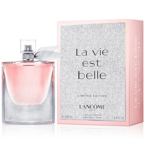 Lancome La Vie Est Belle Limited Edition perfume bottle with pink liquid and elegant packaging.