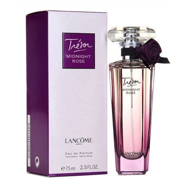 Elegant Lancome Tresor Midnight Rose perfume bottle with purple packaging.