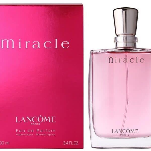 Lancôme Miracle EDP perfume bottle with pink liquid and silver cap.