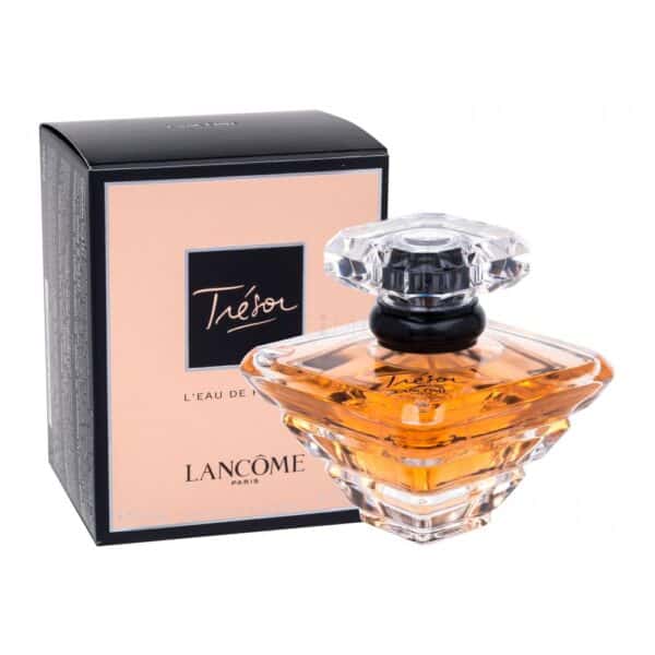 Elegant Lancome Tresor EDP 100ml perfume in a crystal bottle with black and silver cap.