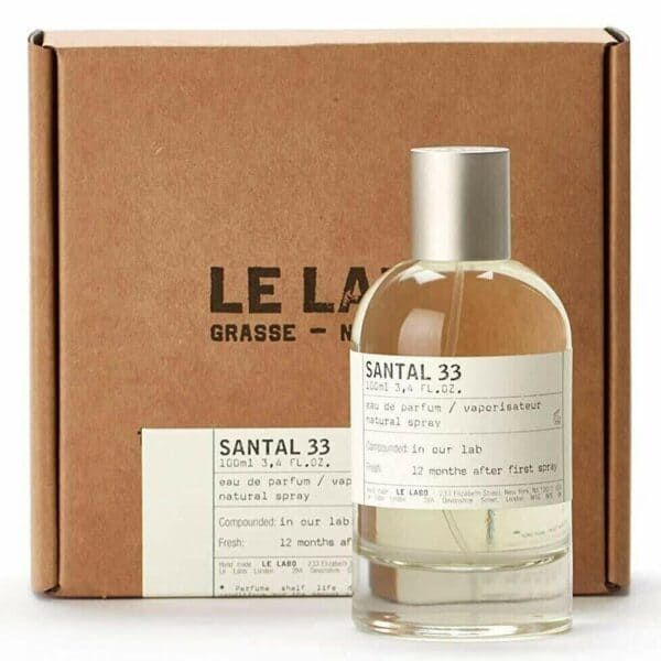 Santal 33 perfume bottle with packaging, luxury fragrance by Le Labo.