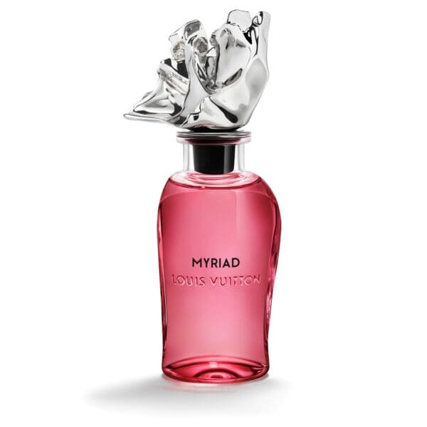 Louis Vuitton Myriad Extrait de Parfum 100ml - Elegant pink fragrance bottle with silver floral cap.