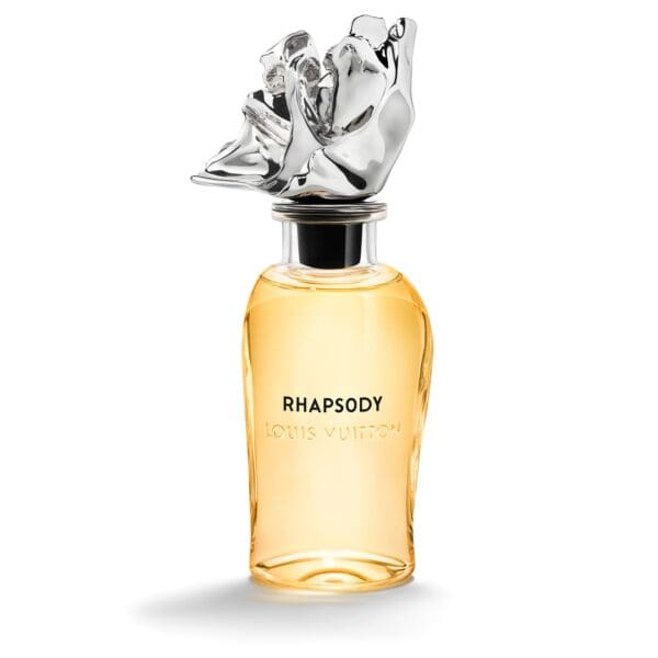Luxury Louis Vuitton Rhapsody perfume bottle with silver cap.
