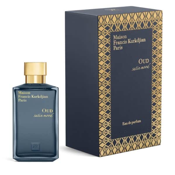 Oud Satin Mood perfume by Maison Francis Kurkdjian in elegant blue bottle with gold cap.